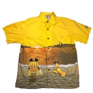 Walt Disney World Camp Shirt Men Medium Mickey Mouse Pluto Sunset Beach Hawaiian